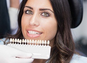 Woman's smile compared with tooth color chart